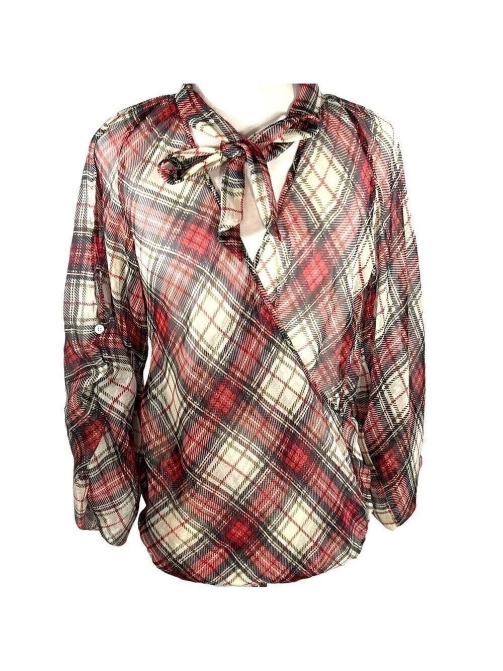 𝅺Tristan Sheer Red Black Green Gold and Grey Plaid Wrap FrontTie Blouse Size XS